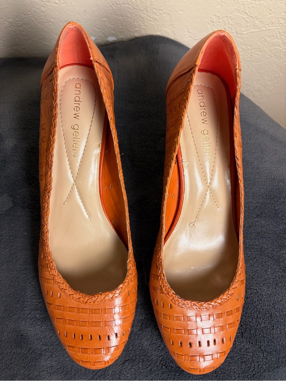 Andrew Geller Orange Woven Leather Pumps